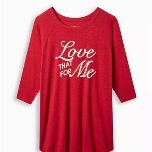 TORRID RED SUPER SOFT SLUB CREWNECK ELBOW SLEEVE TEE “LOVE THAT FOR ME” NWT SZ 2
